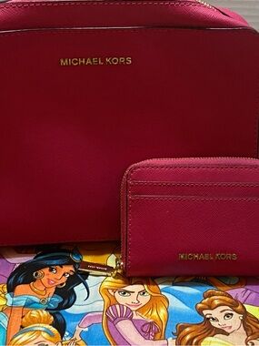 Michael Kors Pink Saffiano Cosmetic Pouch with Matching wallet